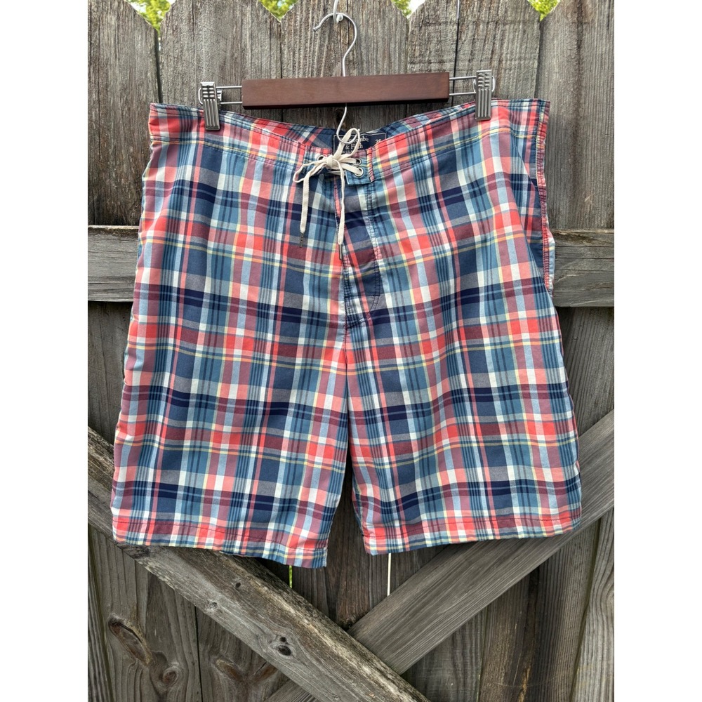 VTG Abercrombie & Fitch Mens Plaid Board Shorts Blue Red Orange Swim Trunks | 36